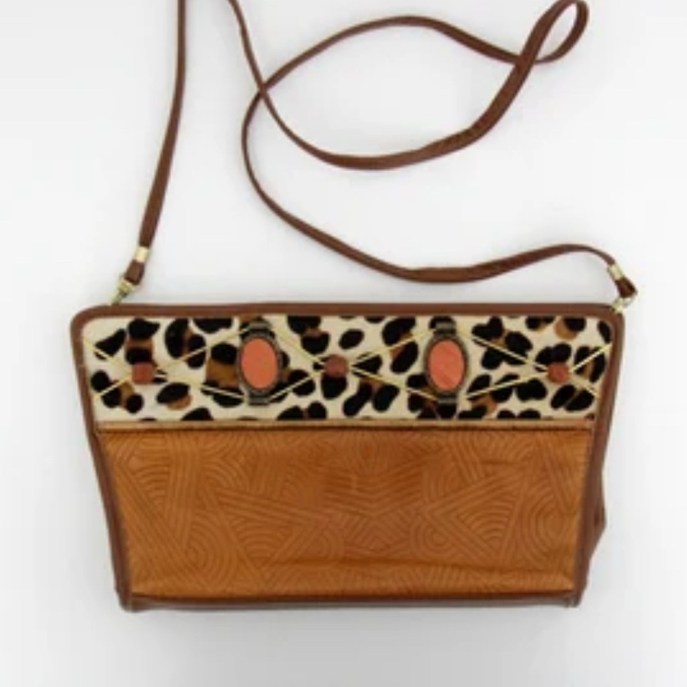 Vintage Colini USA Elegant Tan and Leopard Print Crossbody Bag